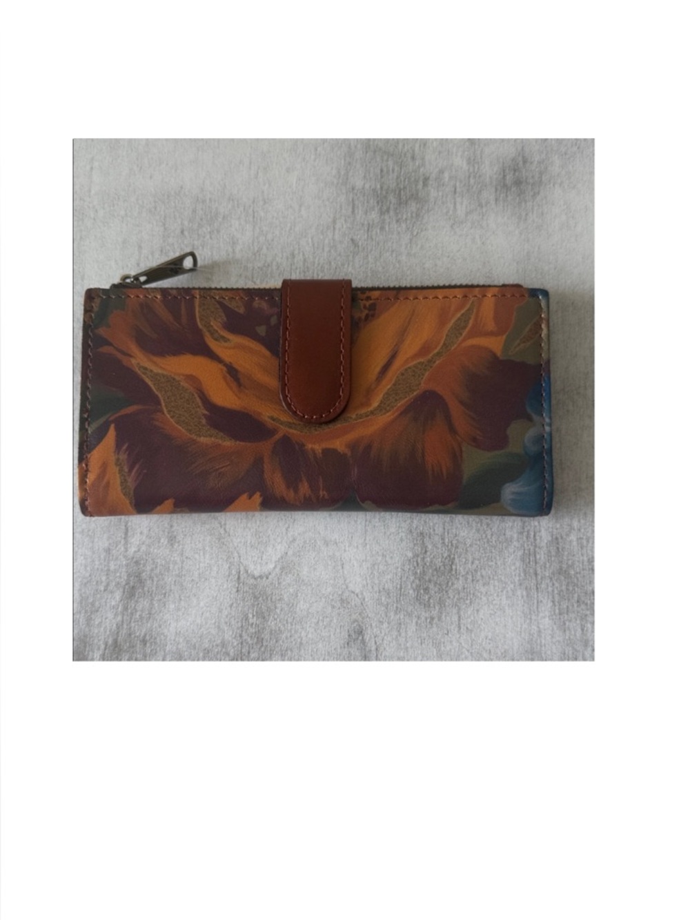 Patricia Nash NAZARI Leather Bifold Wallet Floral Marigold Harvest Blue Brown NW